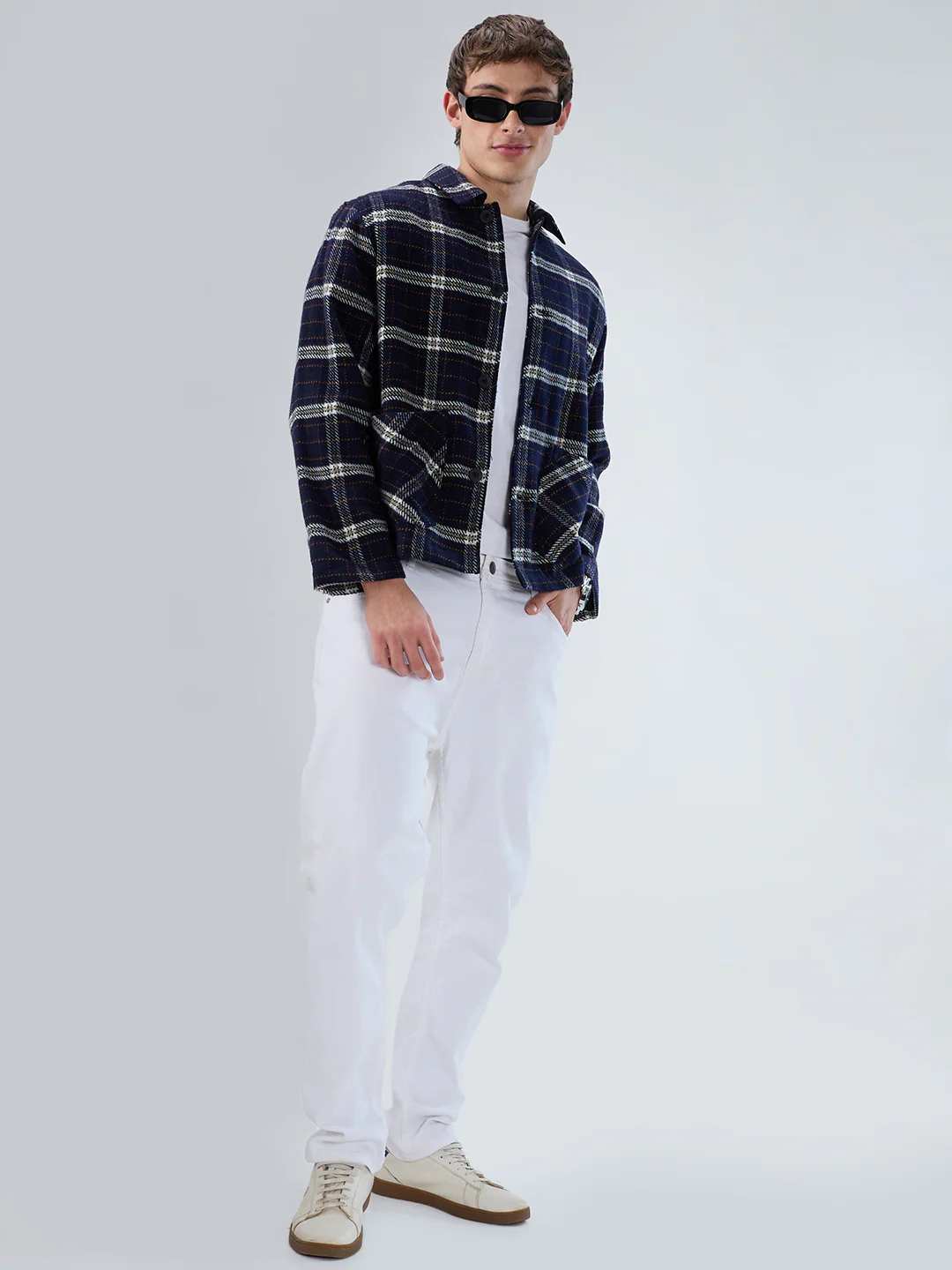 Navy Tartan Checks Double Pocket Flannel Shacket - Image 7