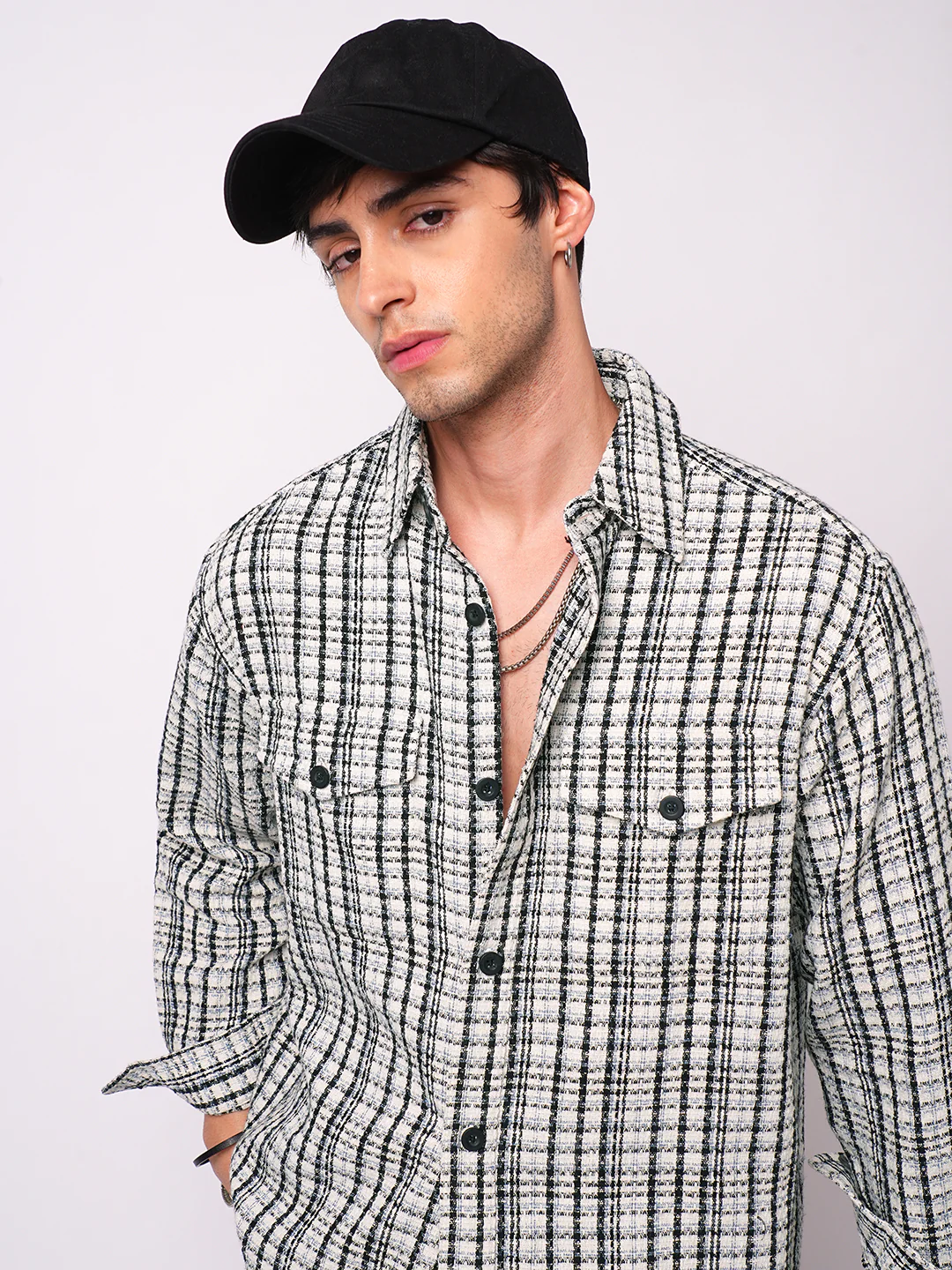 Black Tartan Checks Double Pocket Overshirt - Image 2