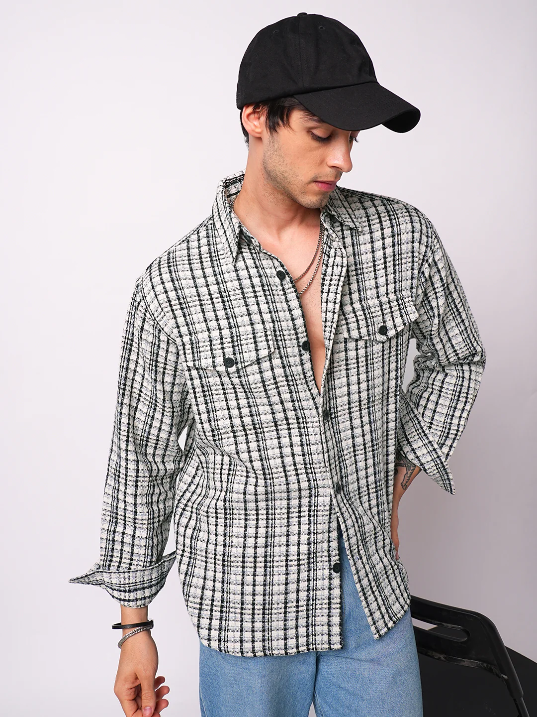 Black Tartan Checks Double Pocket Overshirt - Image 4