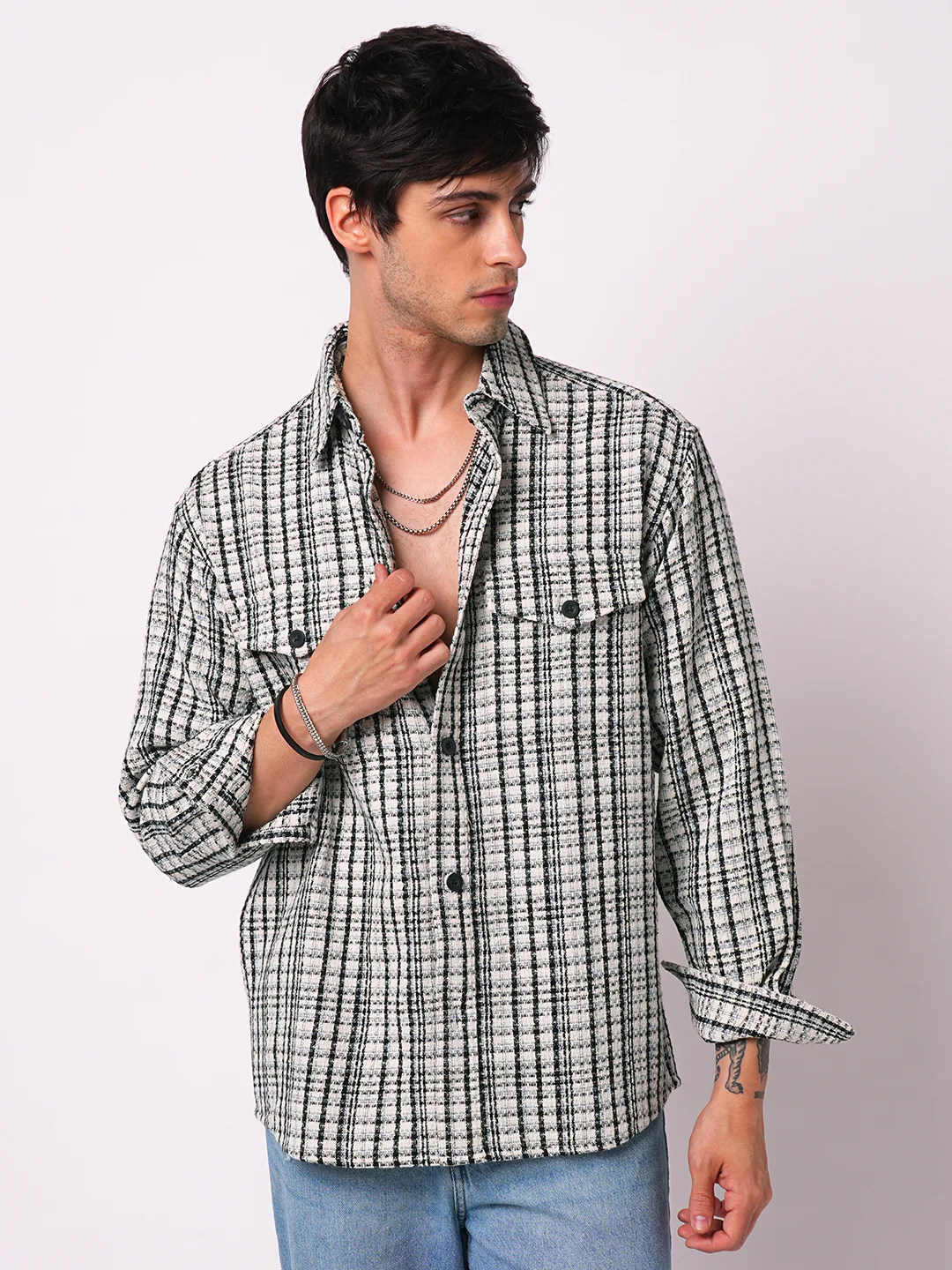 Black Tartan Checks Double Pocket Overshirt - Image 5