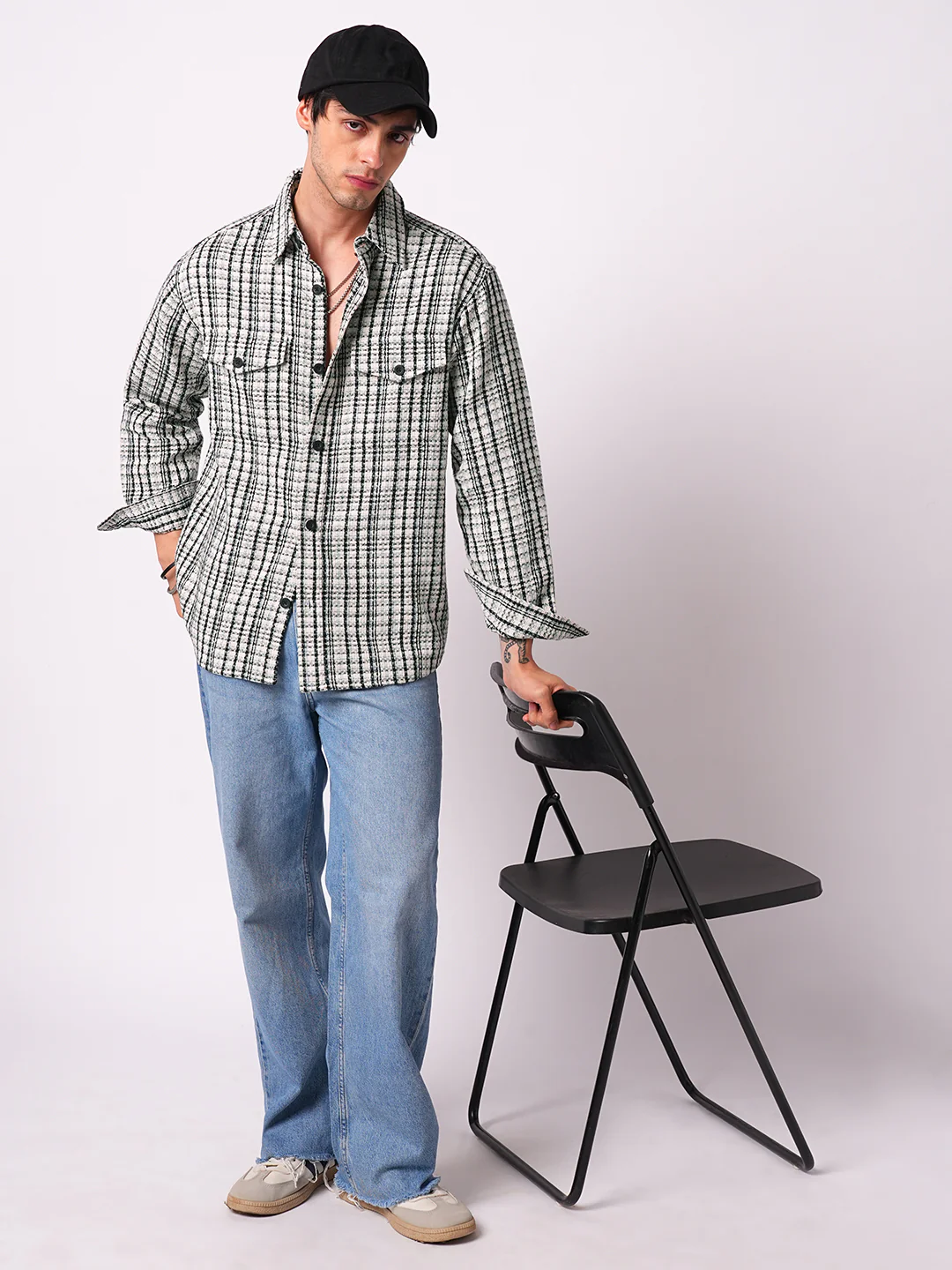 Black Tartan Checks Double Pocket Overshirt - Image 8