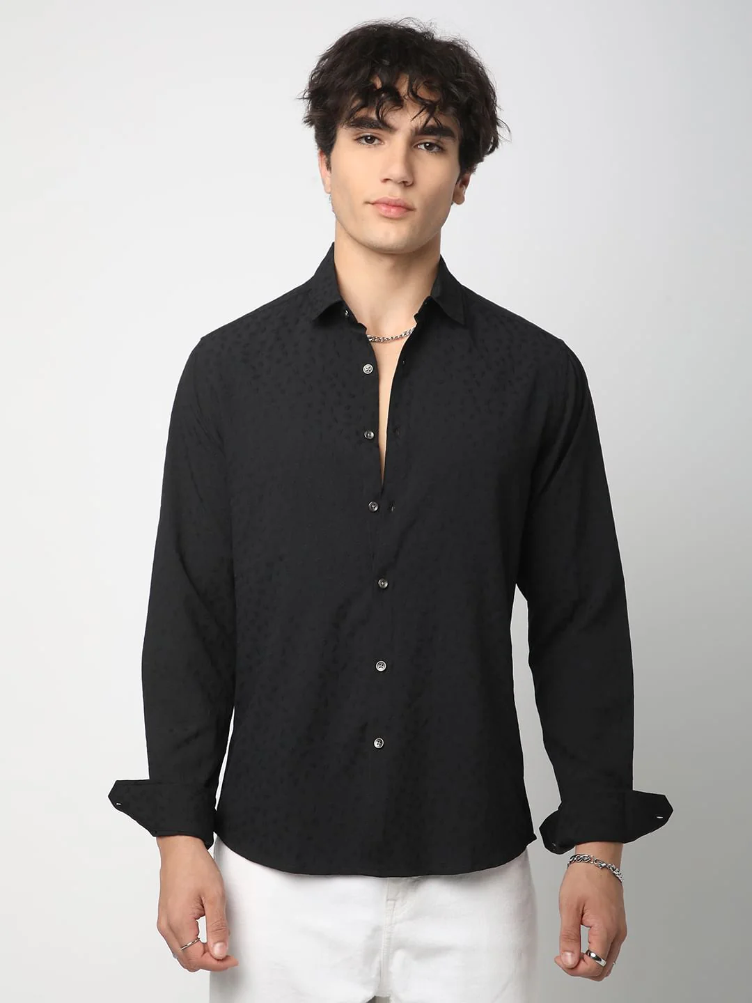 Black Tiny Leaf Textured Shirt - Image 4