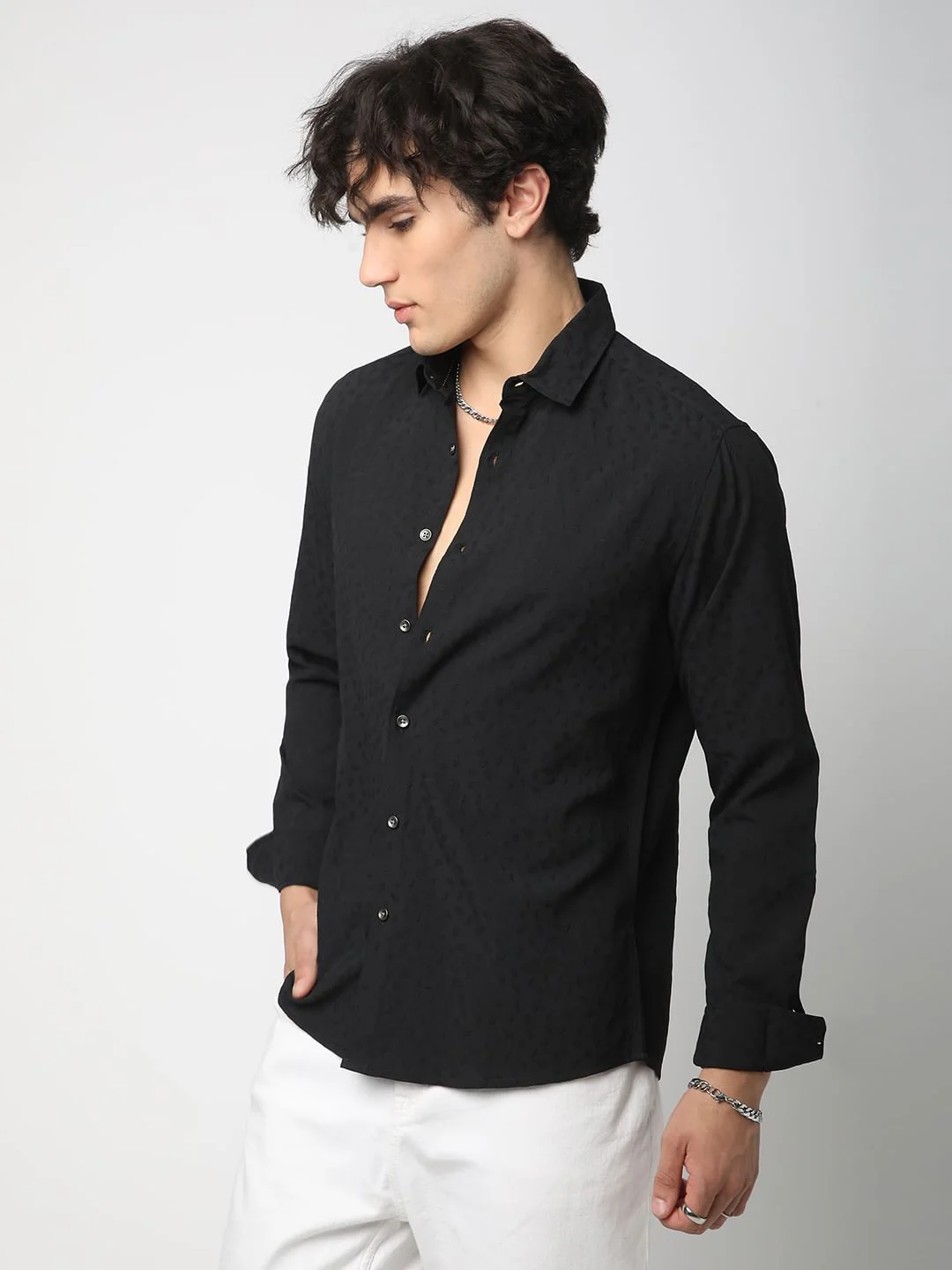 Black Tiny Leaf Textured Shirt - Image 5