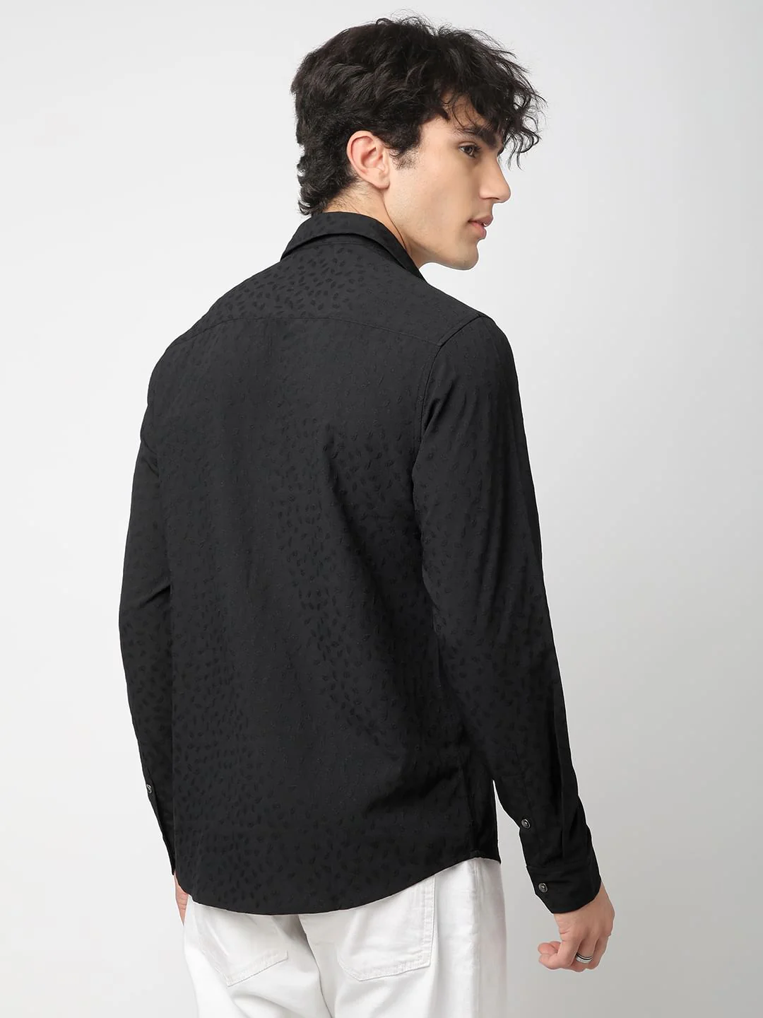Black Tiny Leaf Textured Shirt - Image 6