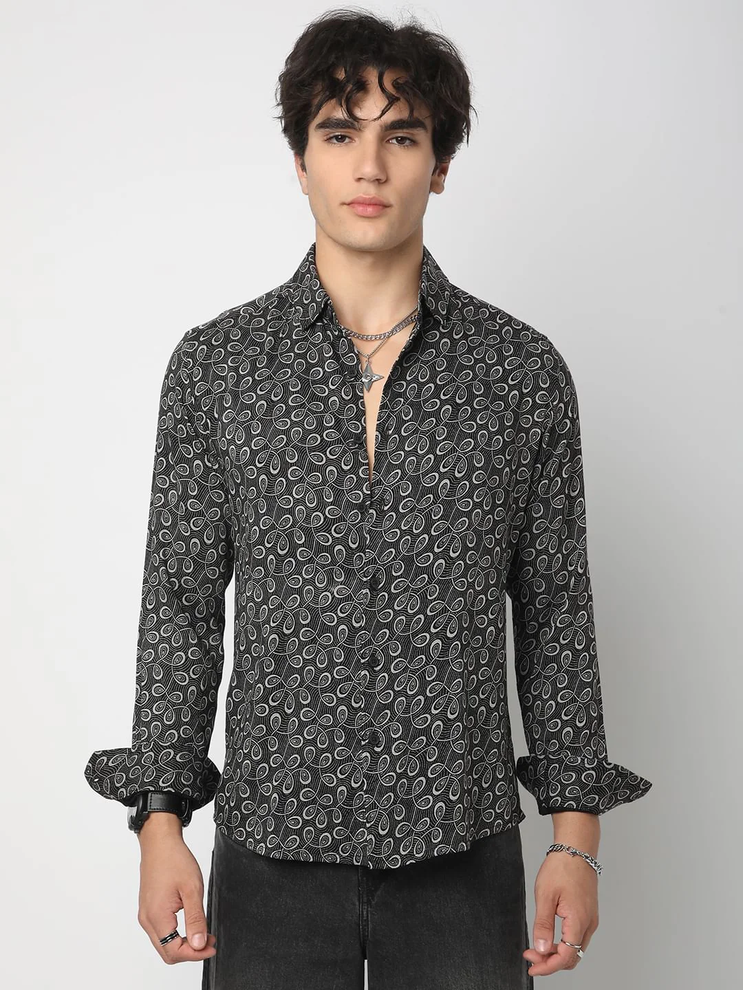 Black Twisted Motifs Printed Shirt - Image 5