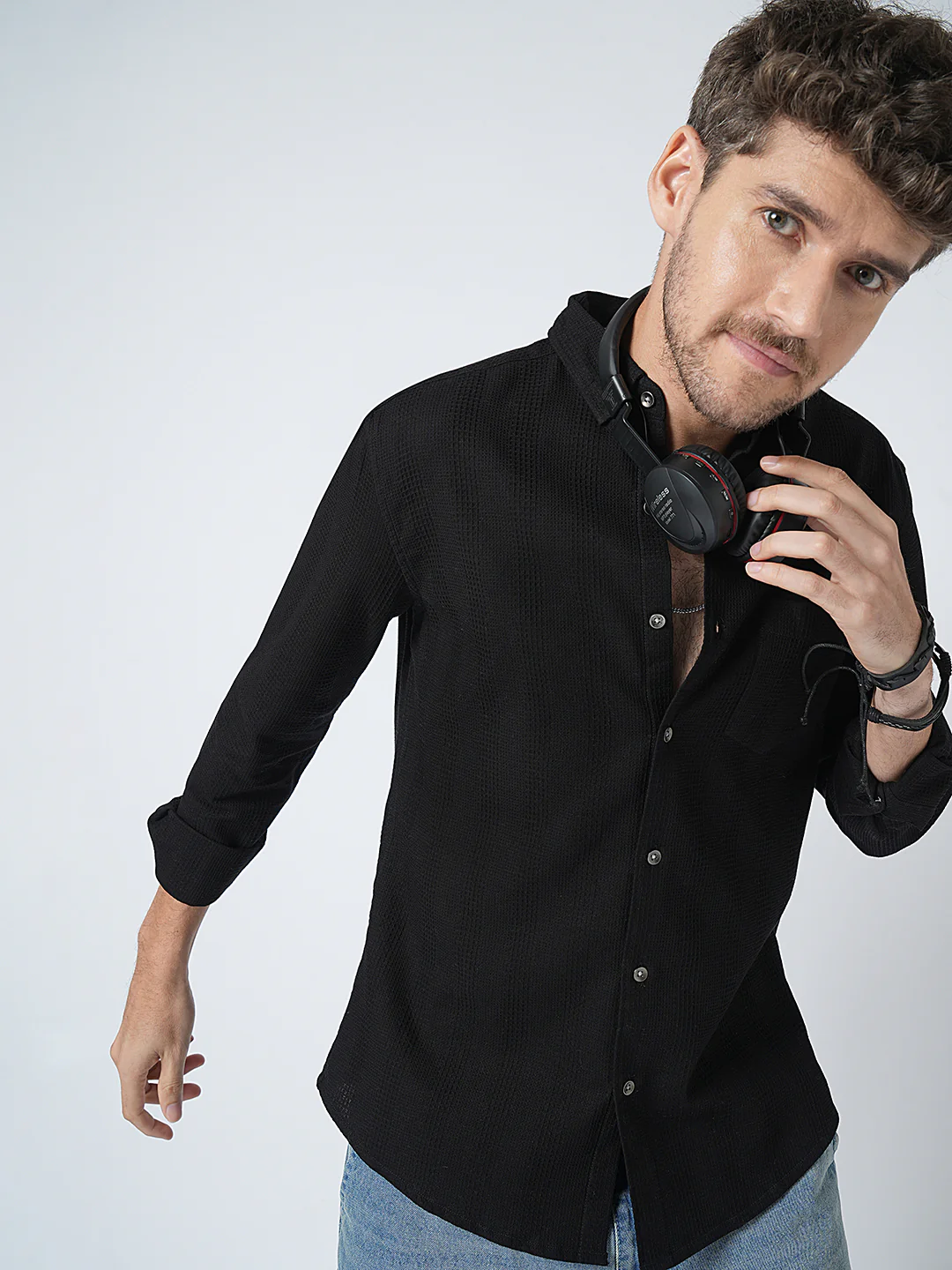 Black Waffle Textured Shirt - Image 2