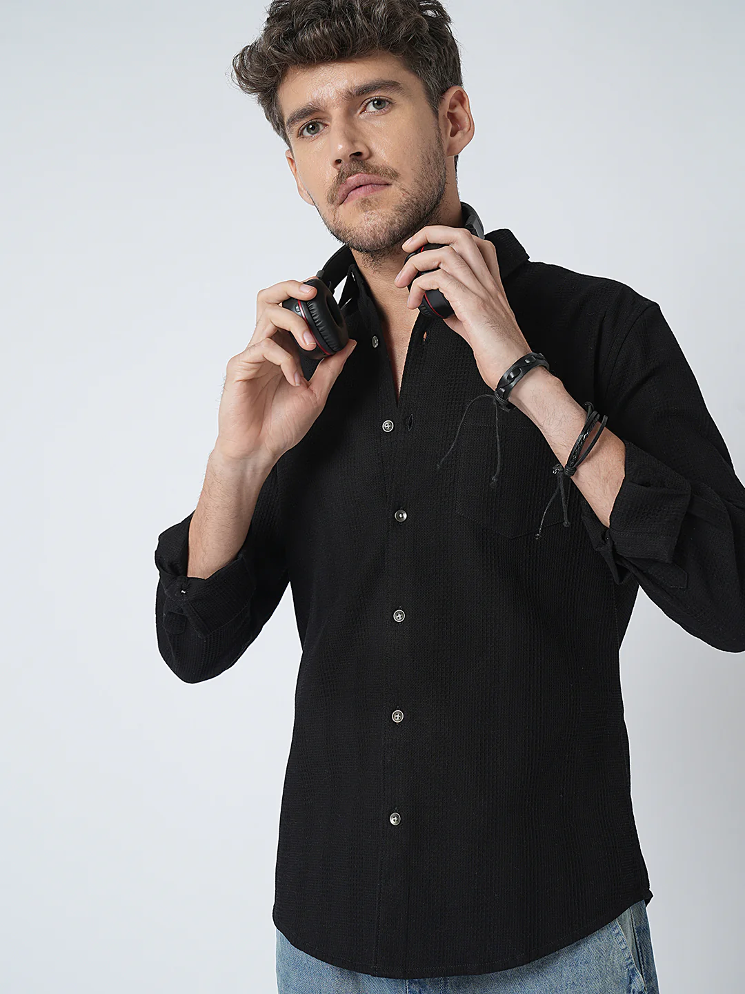 Black Waffle Textured Shirt - Image 4
