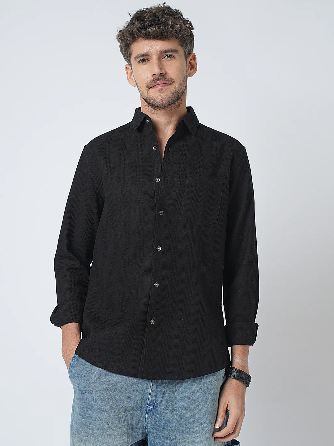 Black Waffle Textured Shirt - Image 5