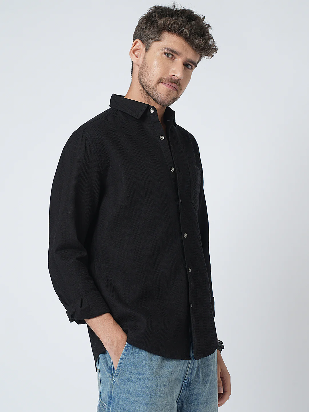 Black Waffle Textured Shirt - Image 6