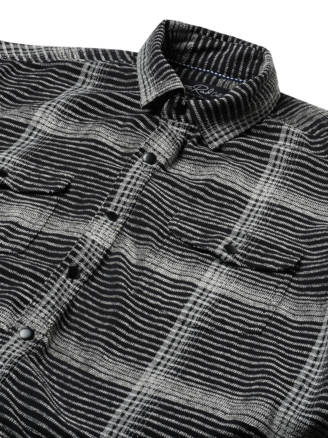 Black & White Checked Double Flap Pocket Textured Overshirt - Image 3