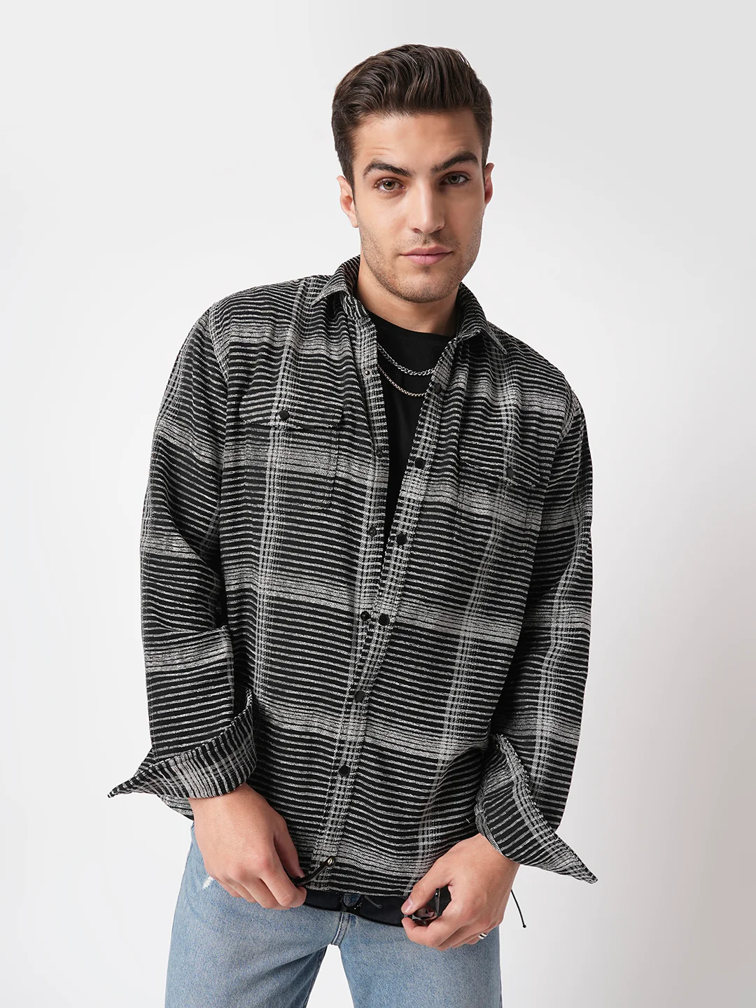 Black & White Checked Double Flap Pocket Textured Overshirt - Image 4