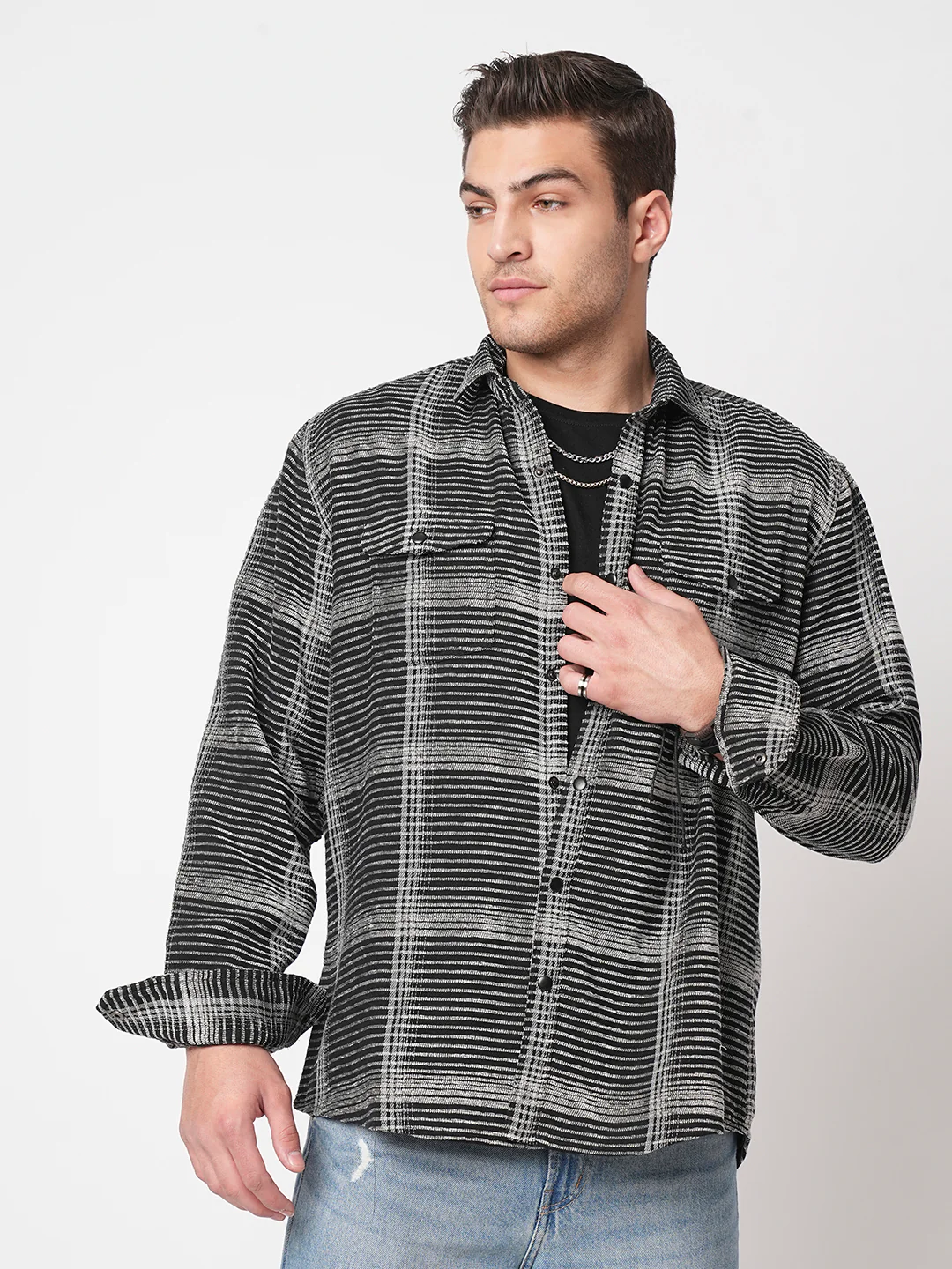 Black & White Checked Double Flap Pocket Textured Overshirt - Image 5