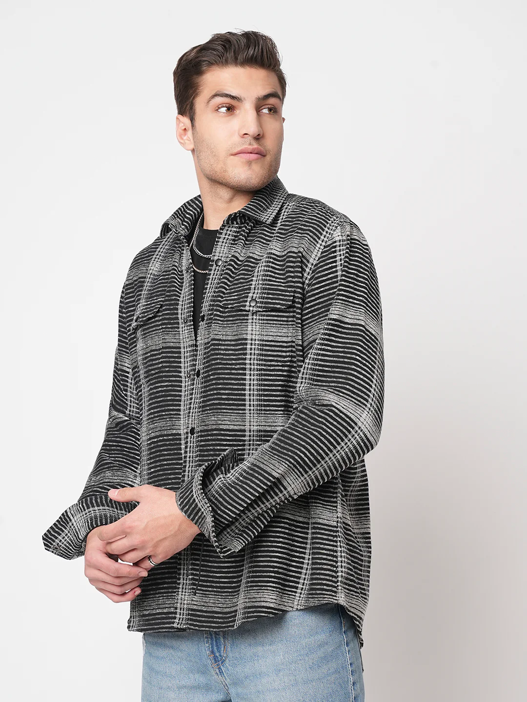 Black & White Checked Double Flap Pocket Textured Overshirt - Image 6