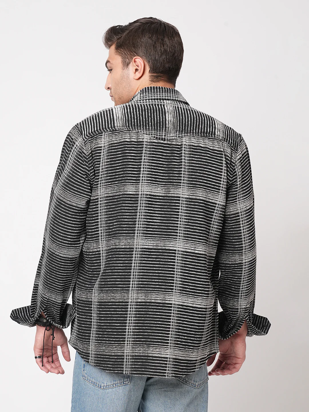 Black & White Checked Double Flap Pocket Textured Overshirt - Image 7