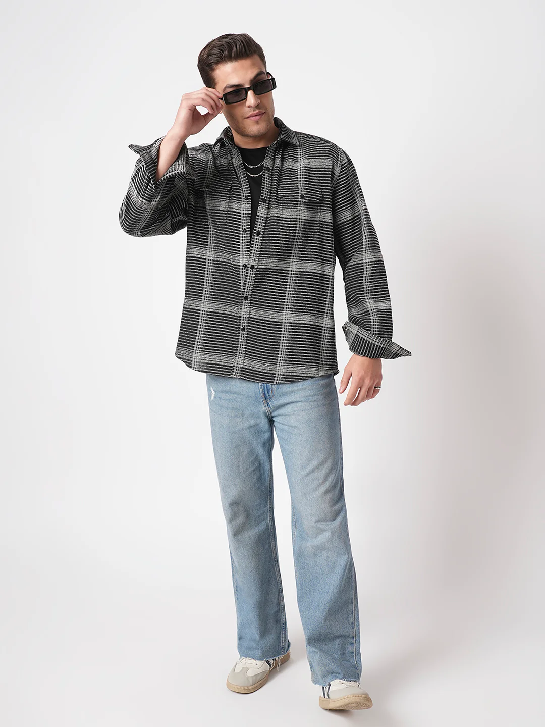 Black & White Checked Double Flap Pocket Textured Overshirt - Image 8