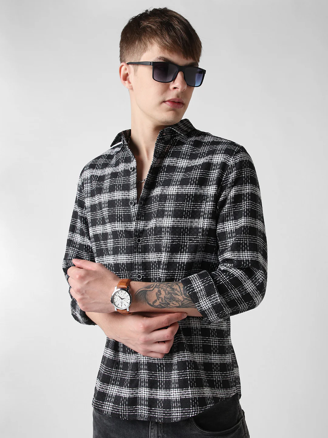 Black & White Plaid Checks Jacquard Shirt - Image 3