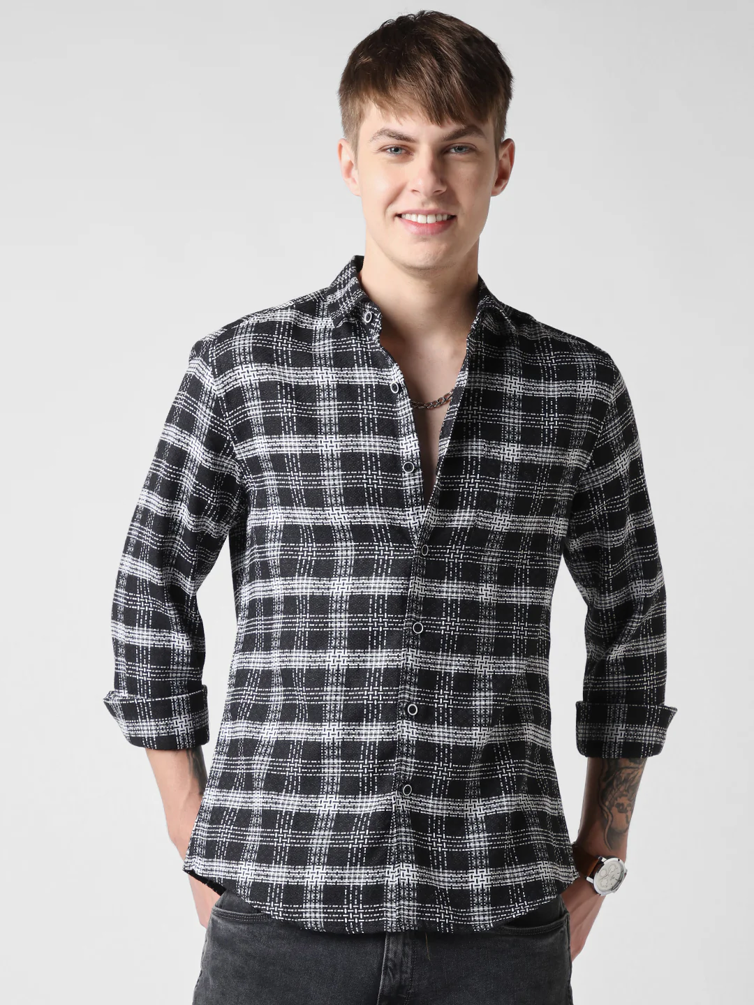 Black & White Plaid Checks Jacquard Shirt - Image 5