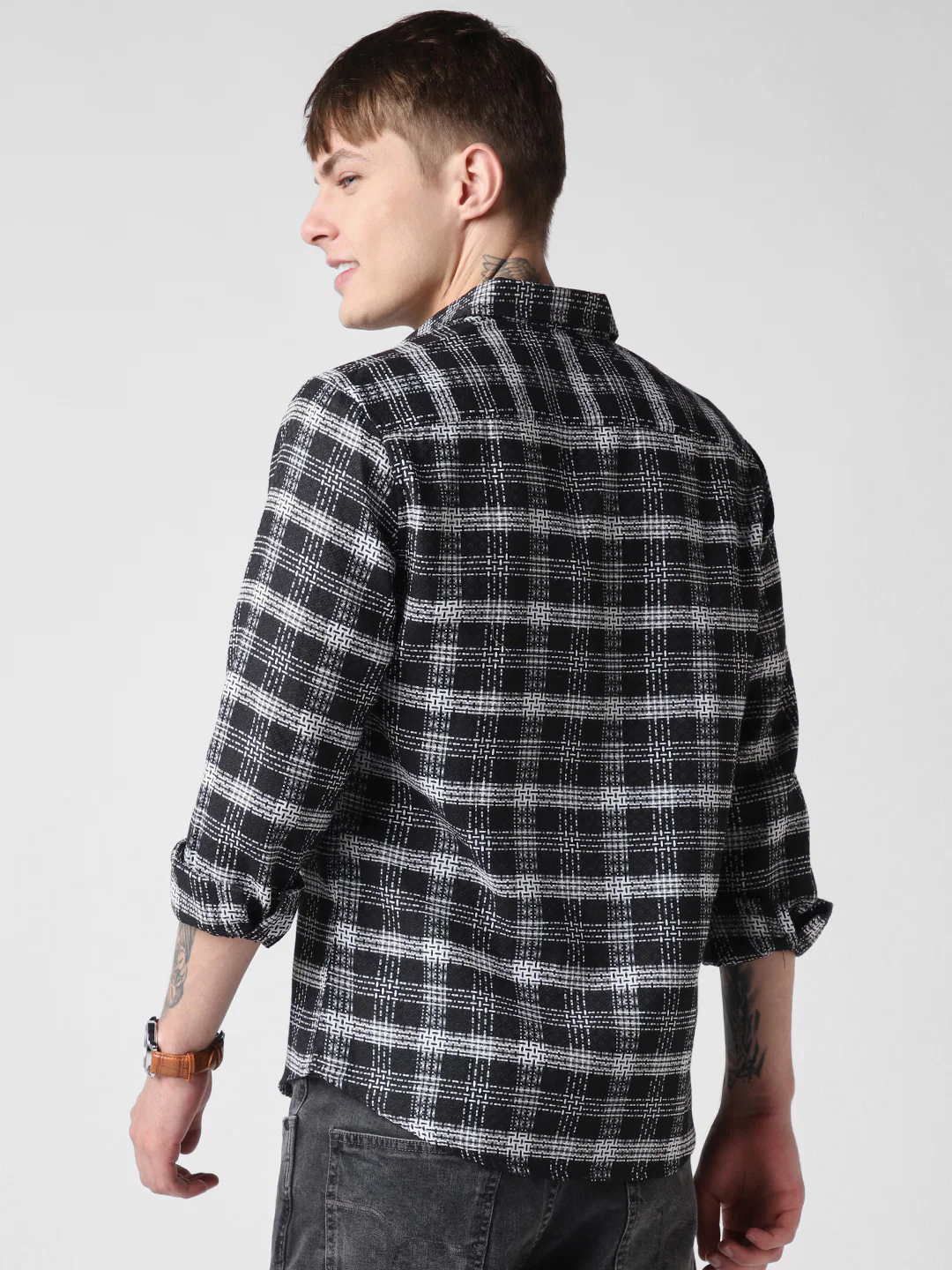 Black & White Plaid Checks Jacquard Shirt - Image 6