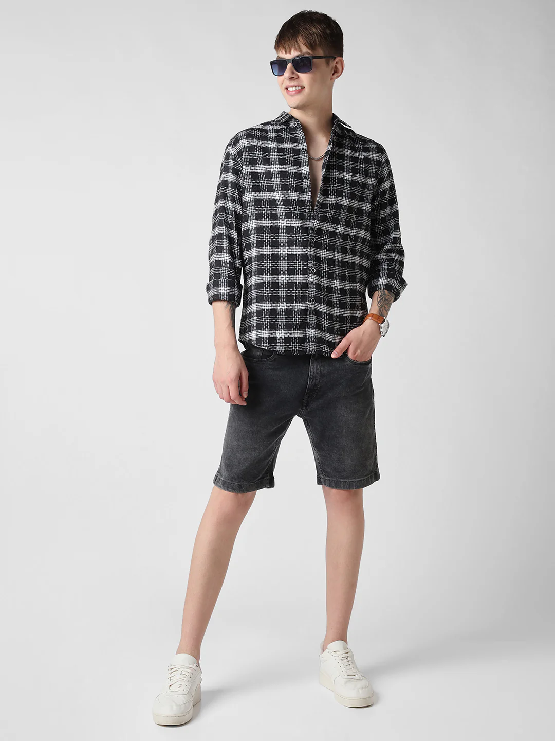 Black & White Plaid Checks Jacquard Shirt - Image 7