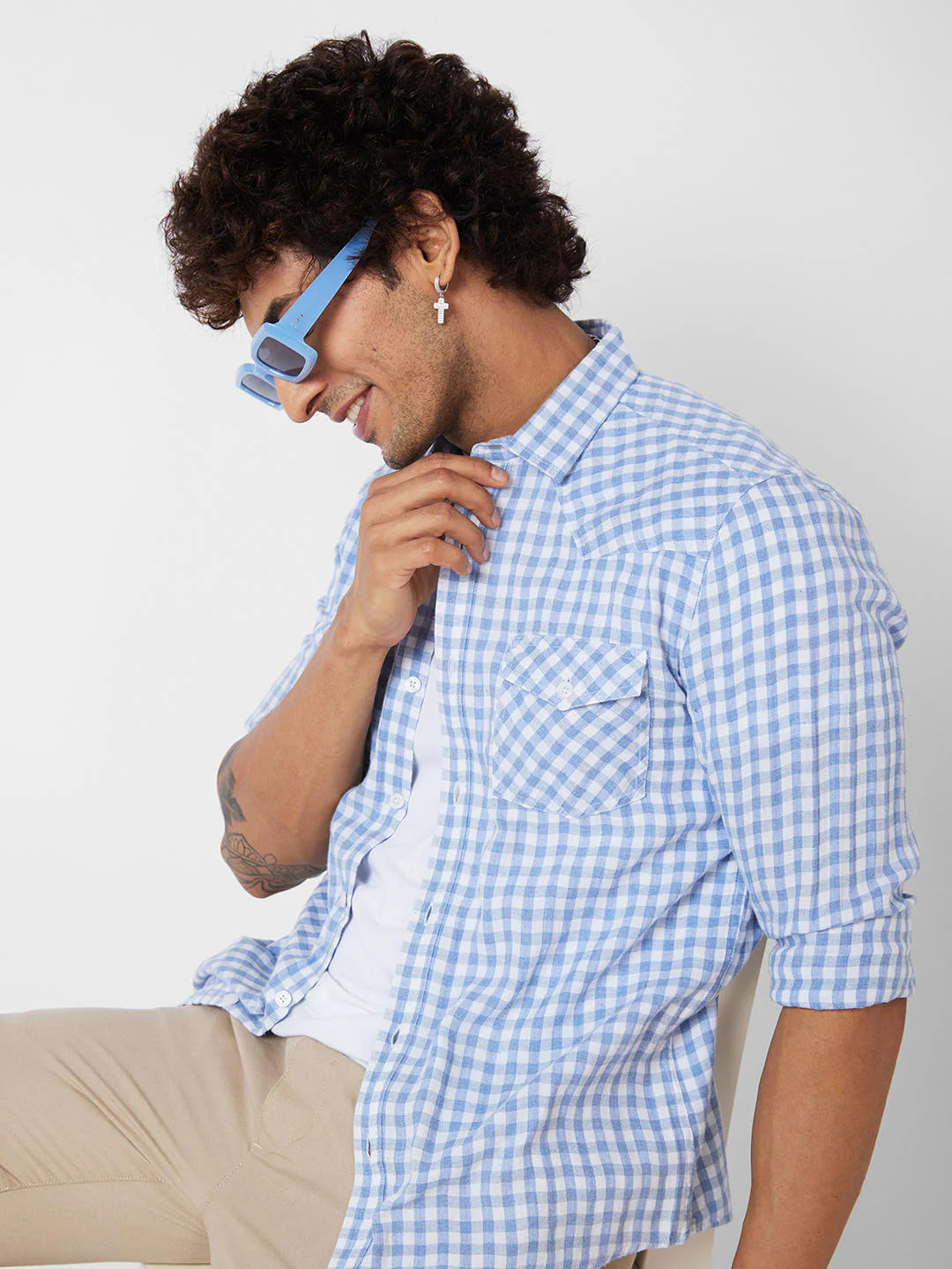 Blue & White Checkered Double Pocket Overshirt - Image 3