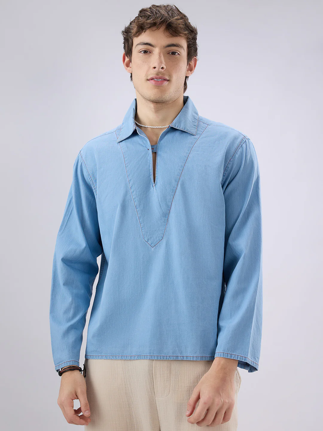 Blue Breeze Soft-Denim Cuffless Oversized Shirt - Image 5