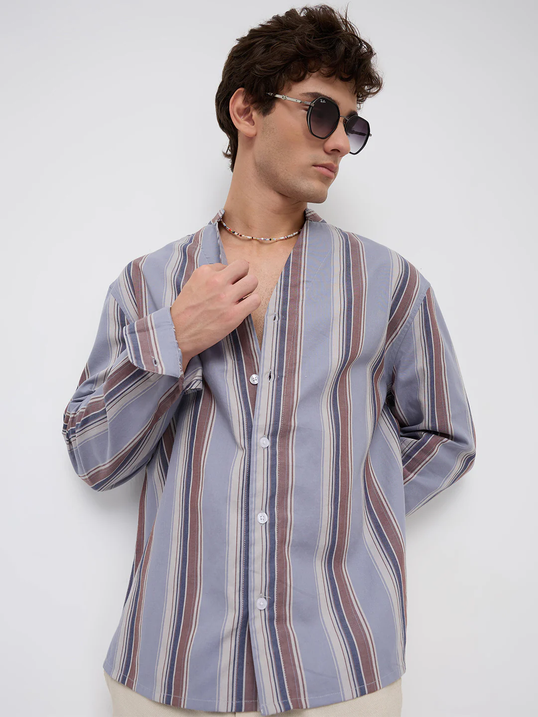 Blue & Brown Bold Stripes Stand Collar Oversized Shirt - Image 2
