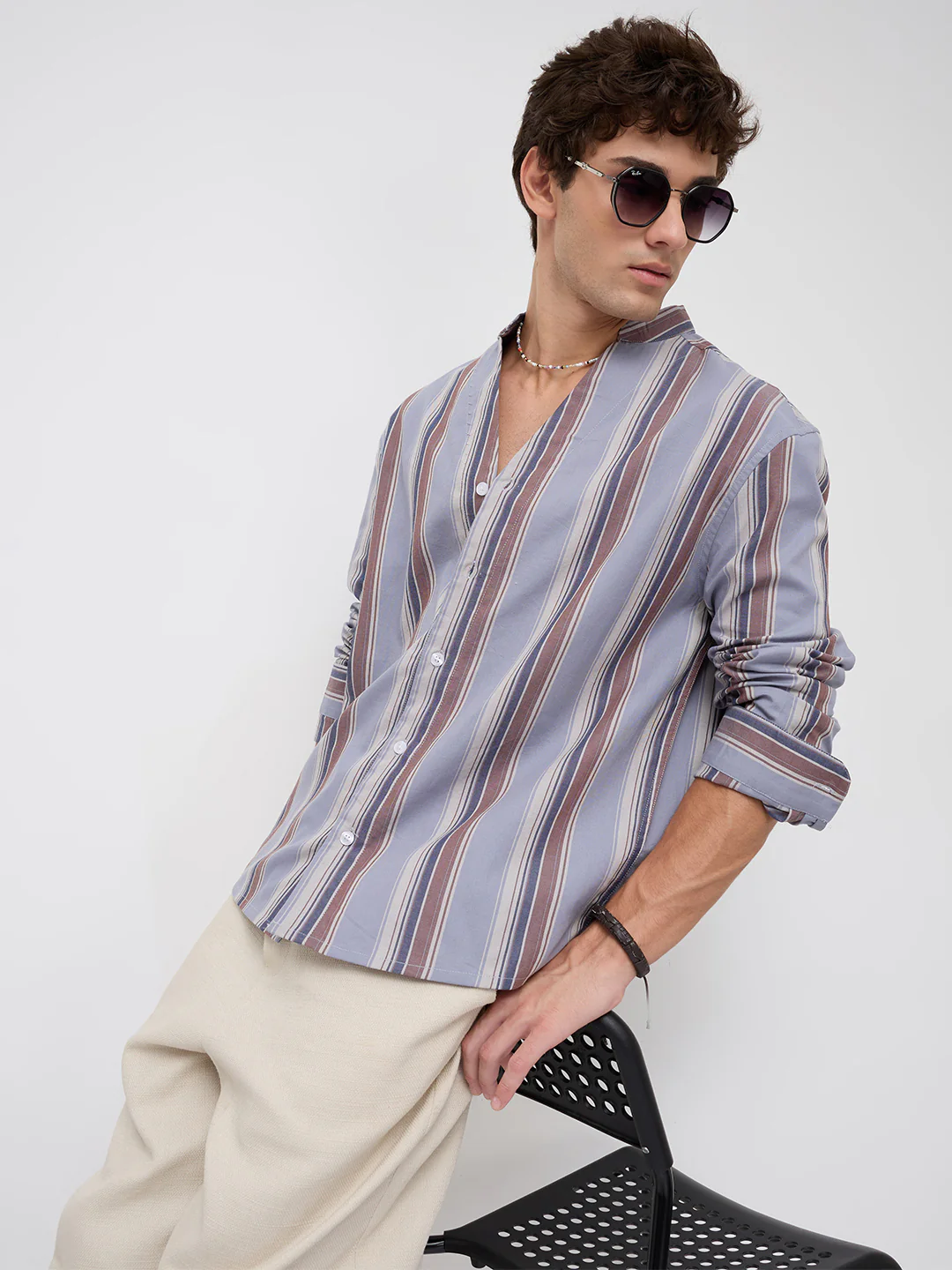Blue & Brown Bold Stripes Stand Collar Oversized Shirt - Image 4