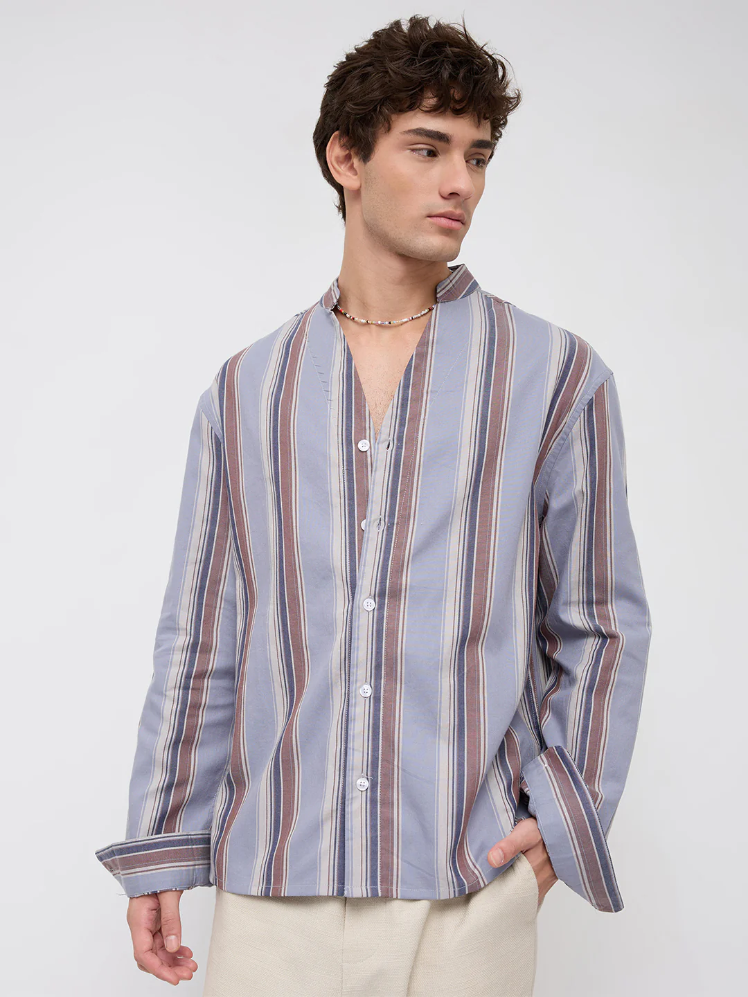 Blue & Brown Bold Stripes Stand Collar Oversized Shirt - Image 5