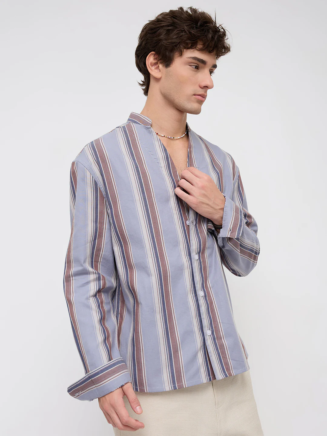 Blue & Brown Bold Stripes Stand Collar Oversized Shirt - Image 6