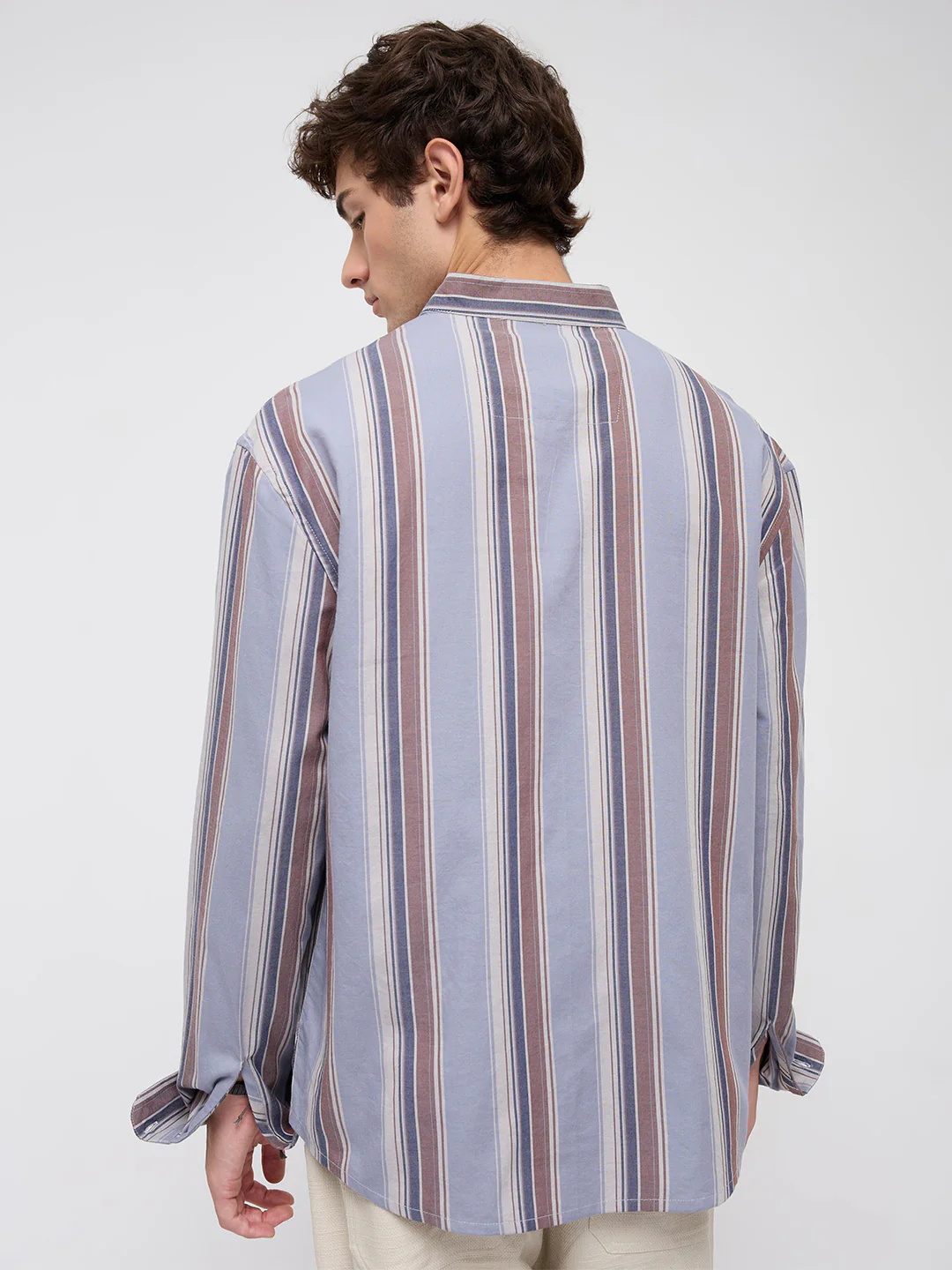 Blue & Brown Bold Stripes Stand Collar Oversized Shirt - Image 7
