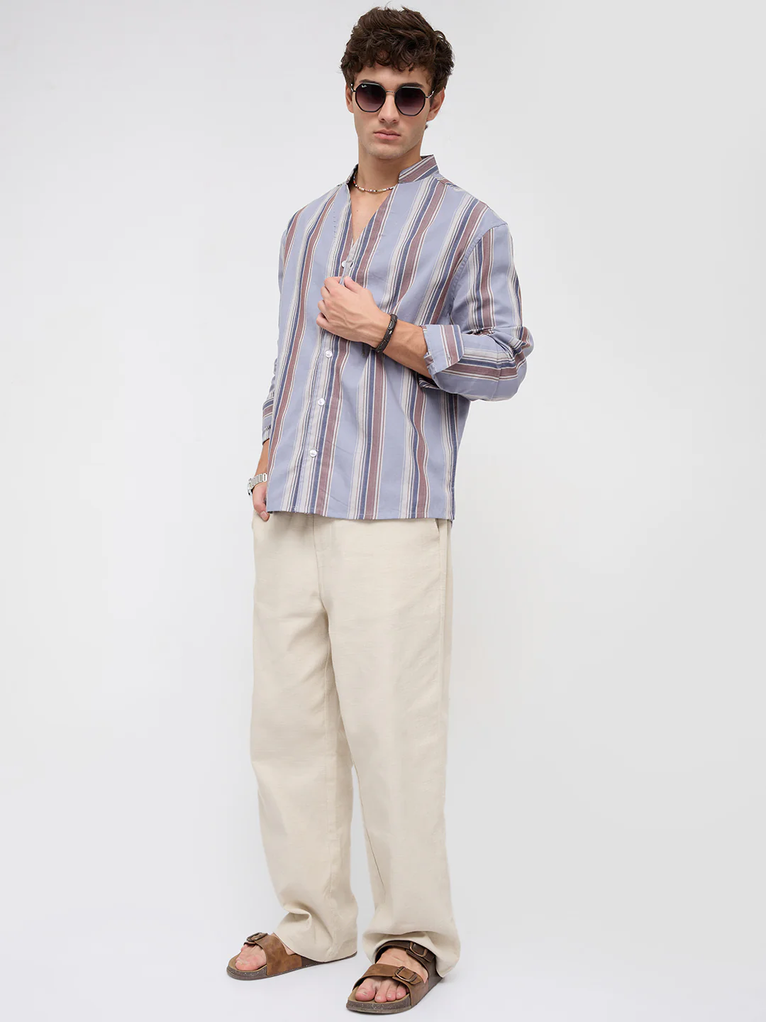 Blue & Brown Bold Stripes Stand Collar Oversized Shirt - Image 8