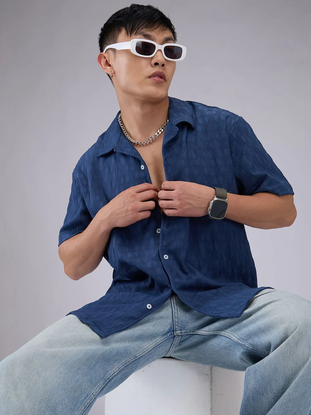 Blue Crepe Textured Oversized Shirt - Image 2