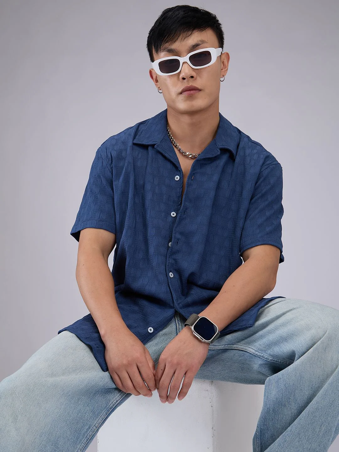 Blue Crepe Textured Oversized Shirt - Image 4