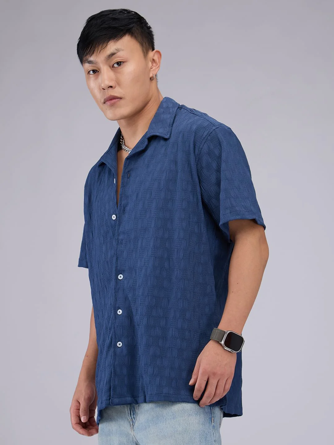 Blue Crepe Textured Oversized Shirt - Image 5