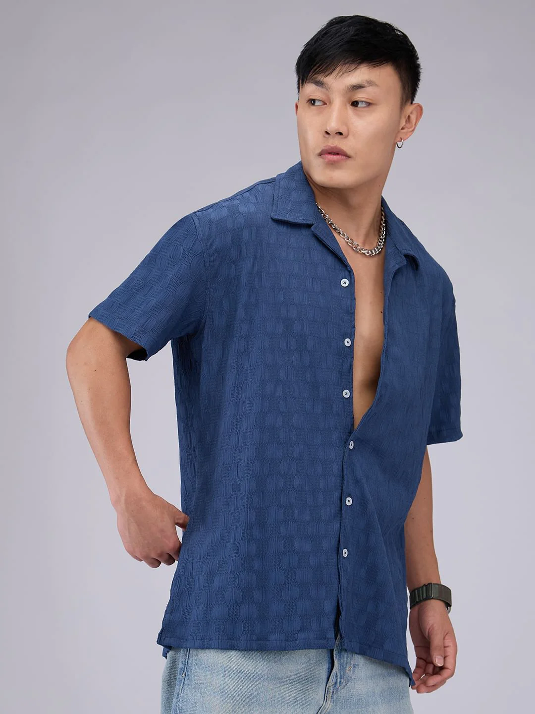 Blue Crepe Textured Oversized Shirt - Image 6