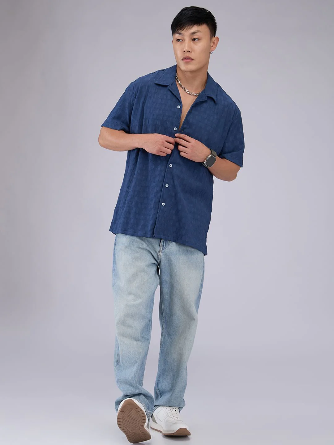 Blue Crepe Textured Oversized Shirt - Image 8