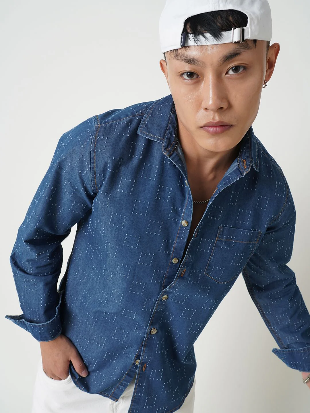 Blue Denim Contrast Stitched Shirt - Image 2