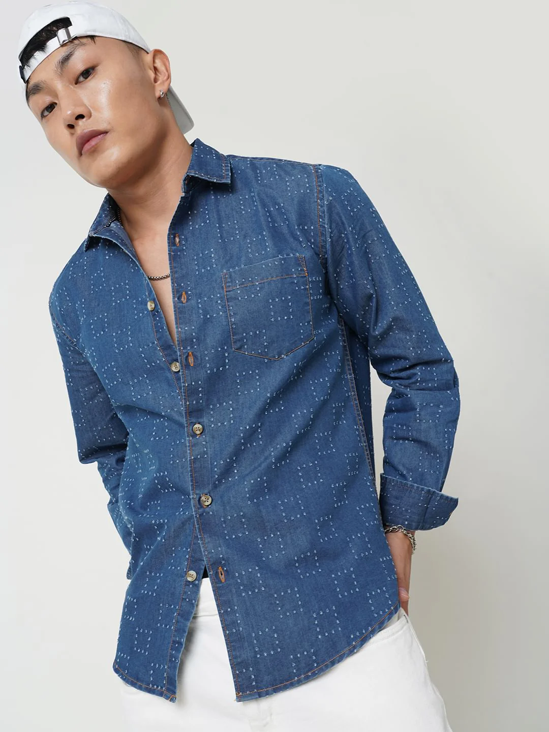 Blue Denim Contrast Stitched Shirt - Image 4