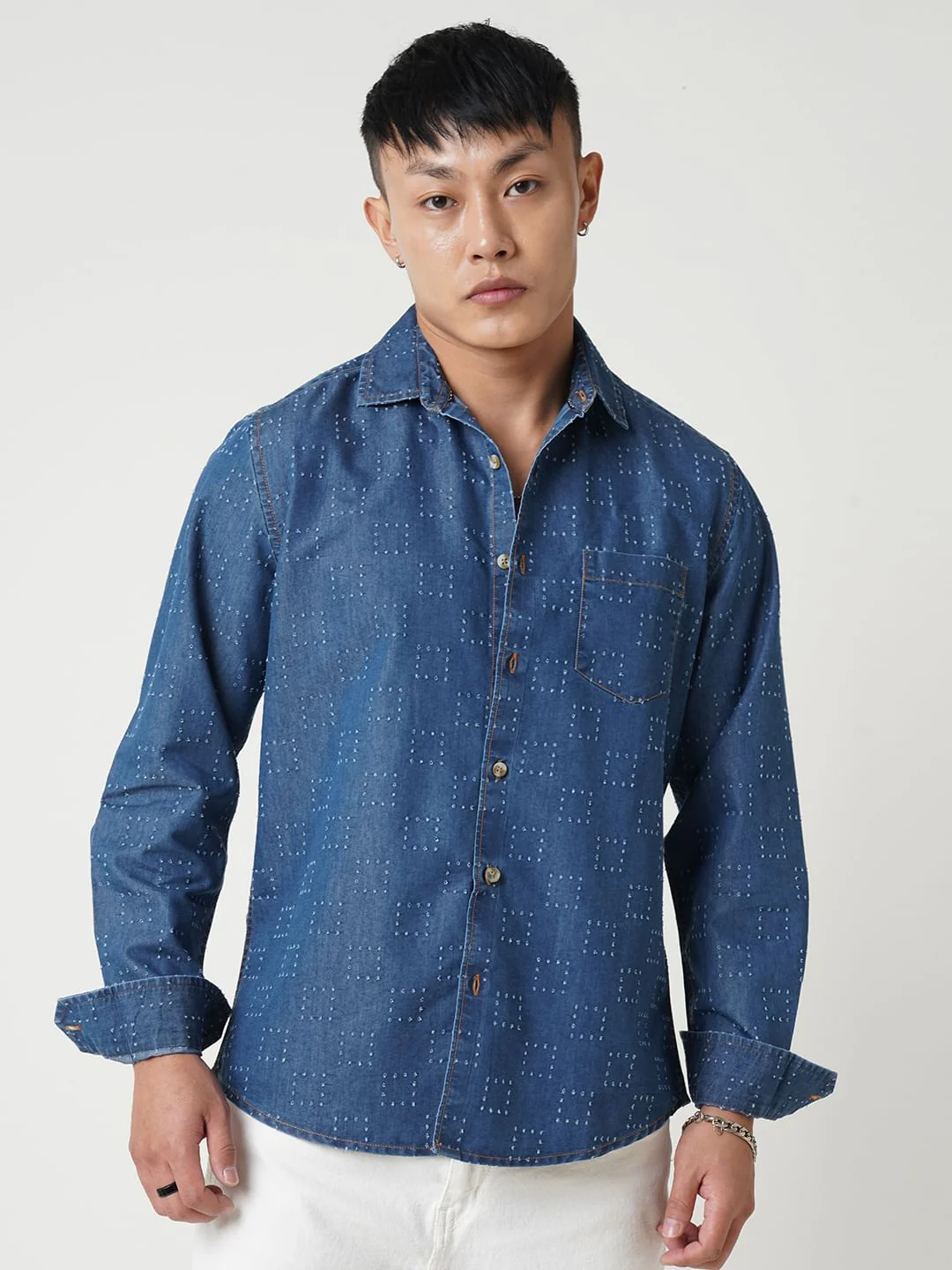 Blue Denim Contrast Stitched Shirt - Image 5
