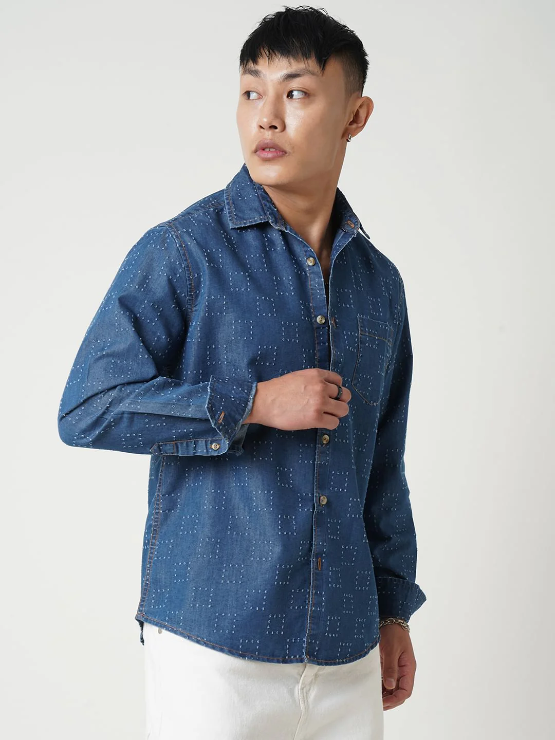 Blue Denim Contrast Stitched Shirt - Image 6