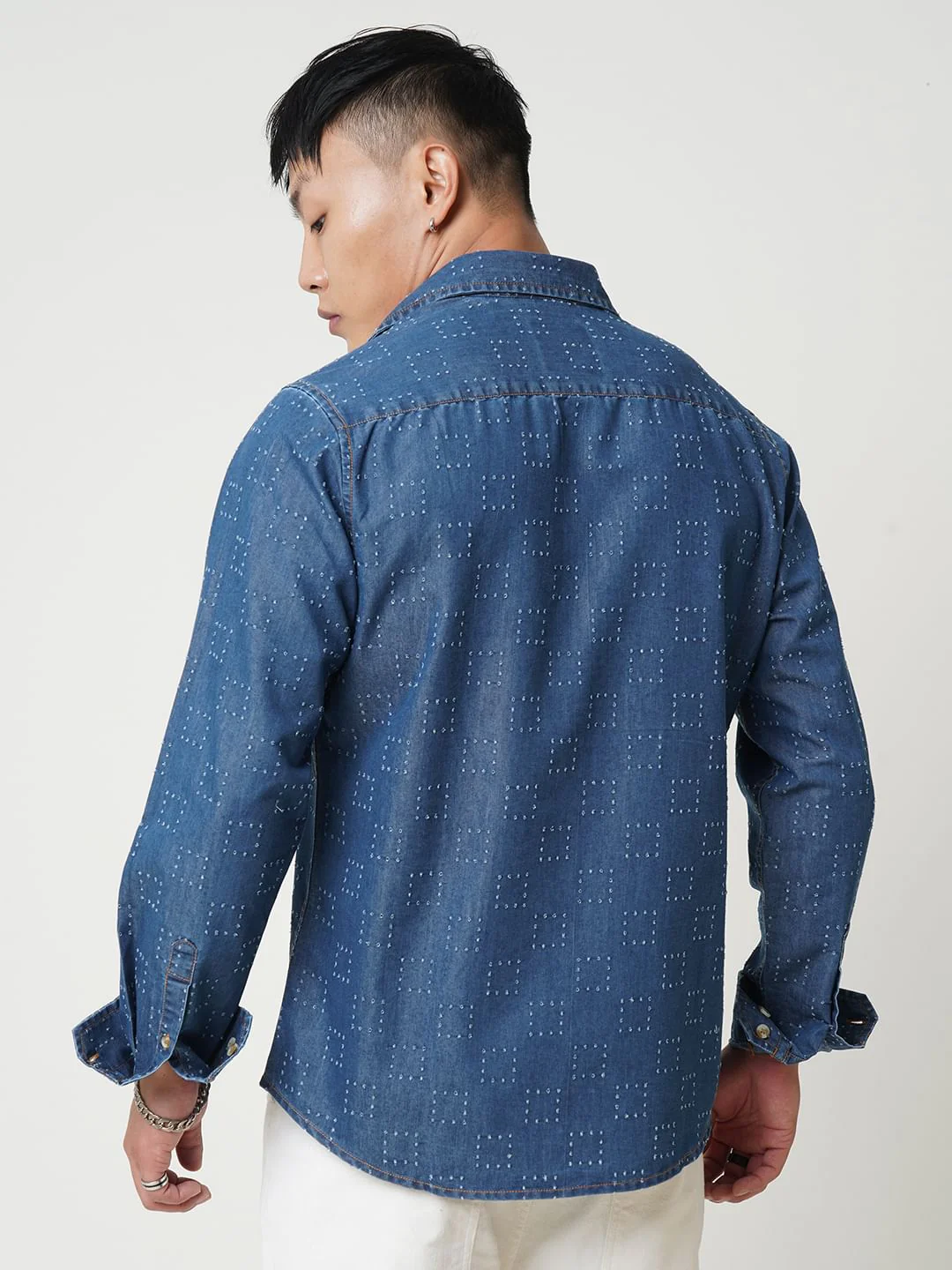 Blue Denim Contrast Stitched Shirt - Image 7