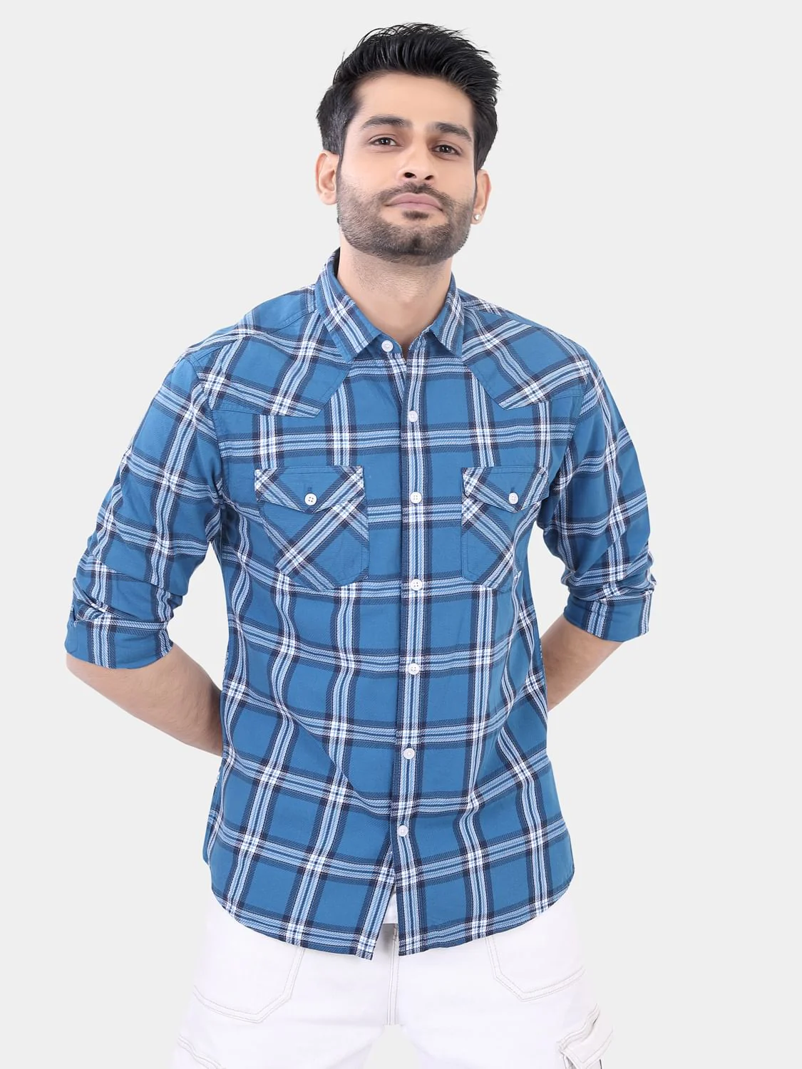 Blue Double Pocket Checkered Overshirt - Image 3
