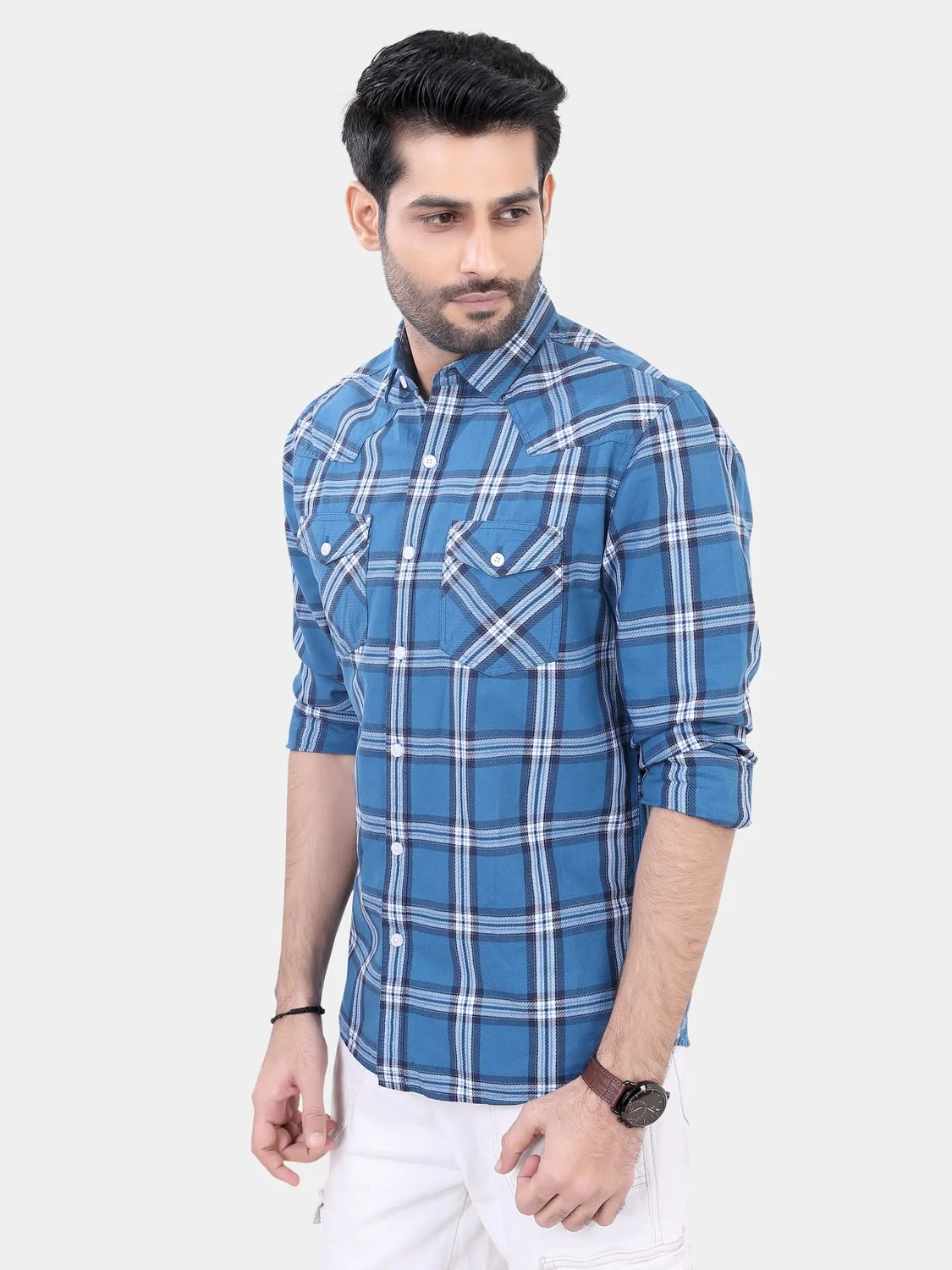 Blue Double Pocket Checkered Overshirt - Image 4