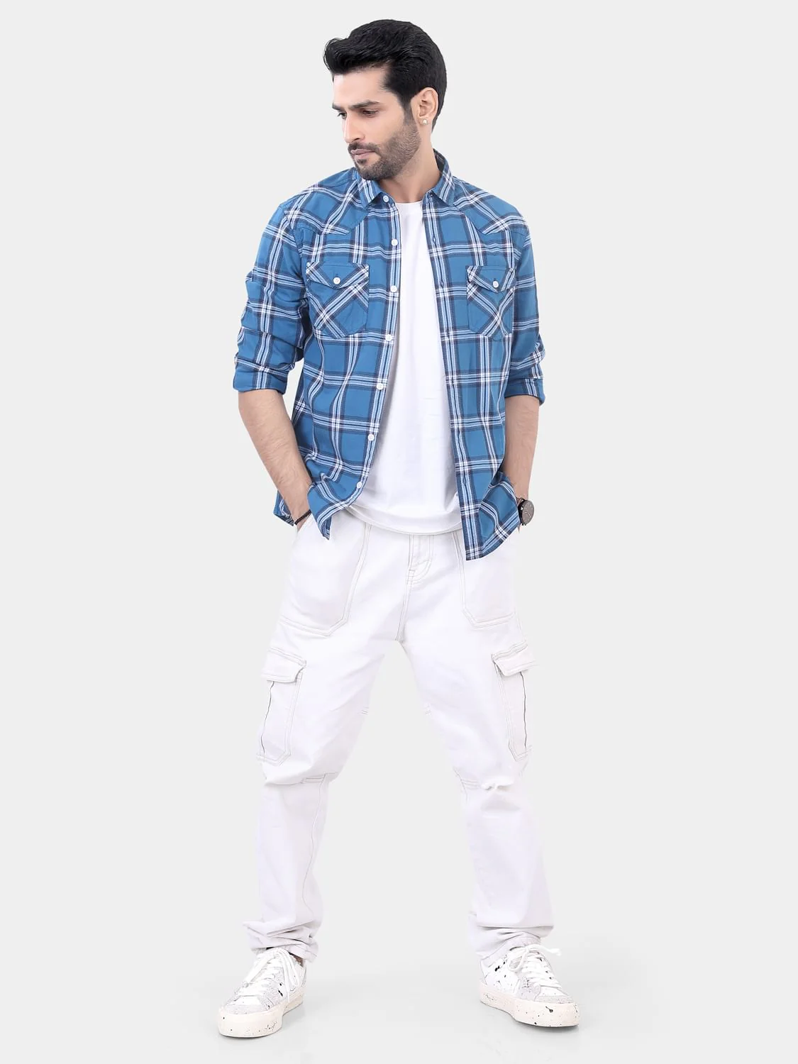 Blue Double Pocket Checkered Overshirt - Image 6