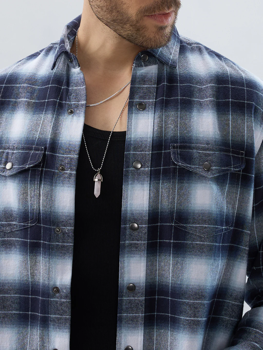 Blue Eminence Ombre Checks Twin Pocket Flannel Shirt - Image 3