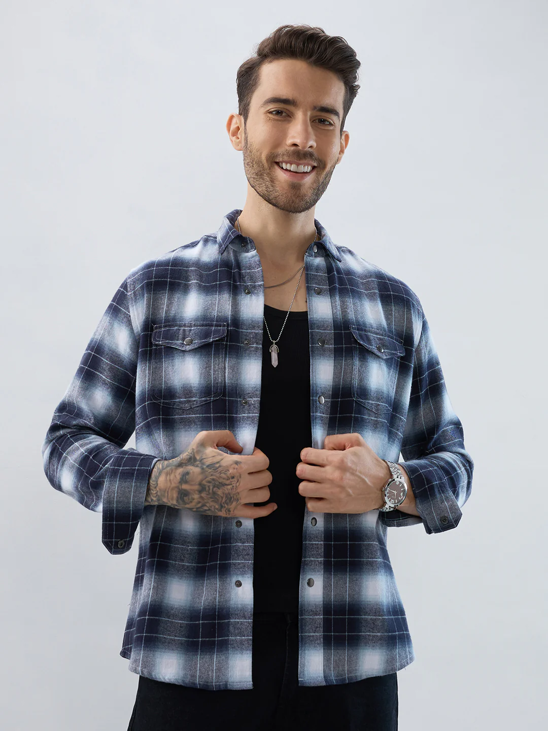 Blue Eminence Ombre Checks Twin Pocket Flannel Shirt - Image 4