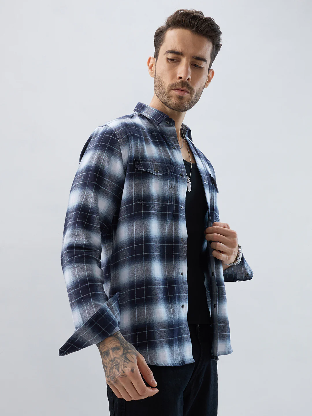 Blue Eminence Ombre Checks Twin Pocket Flannel Shirt - Image 5