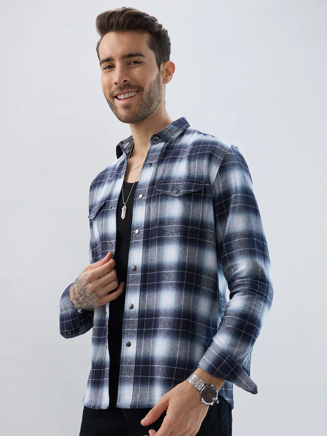 Blue Eminence Ombre Checks Twin Pocket Flannel Shirt - Image 6