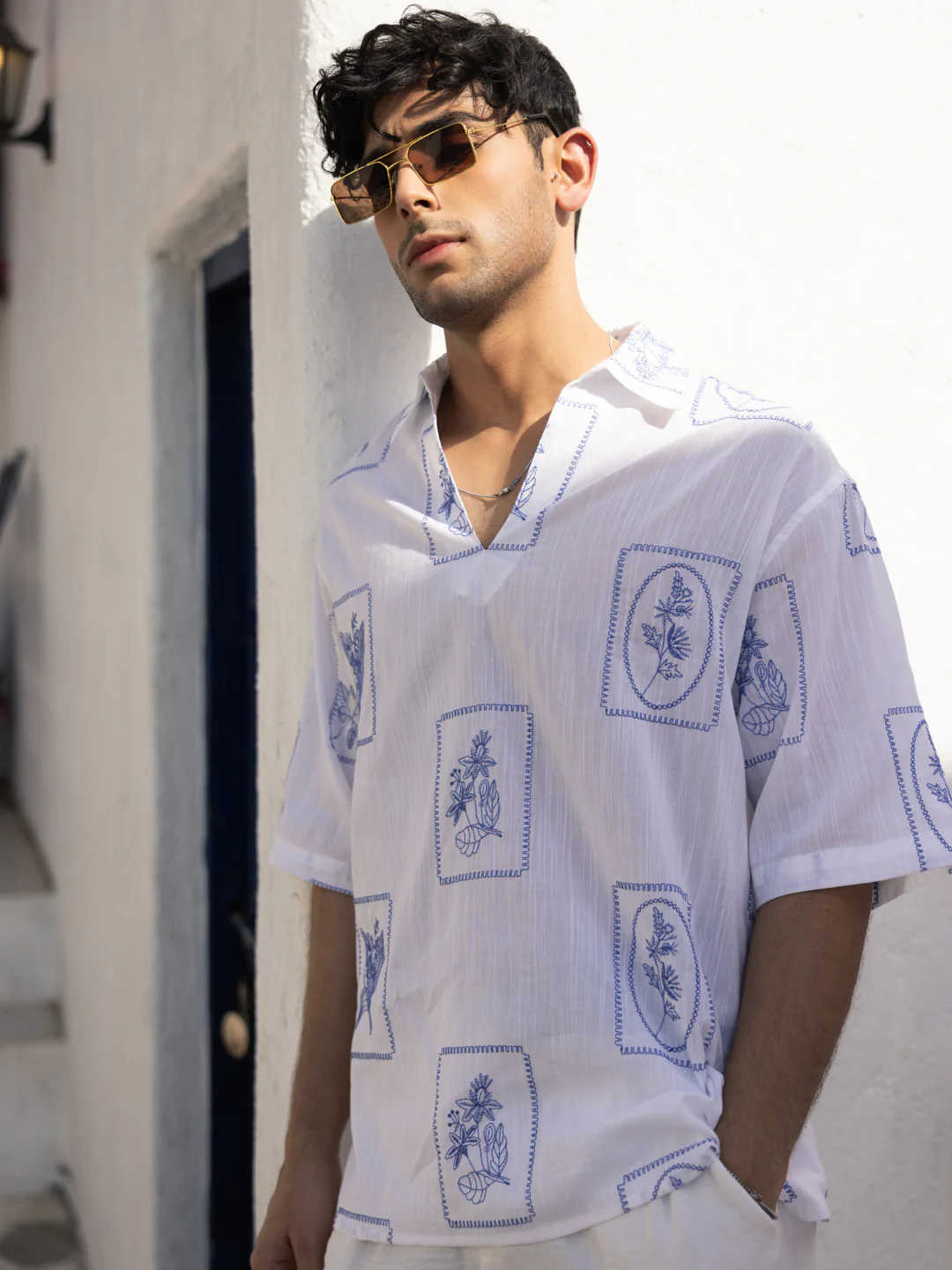 Blue Florèal Frame Embroidery Oversized Polo Shirt - Image 4