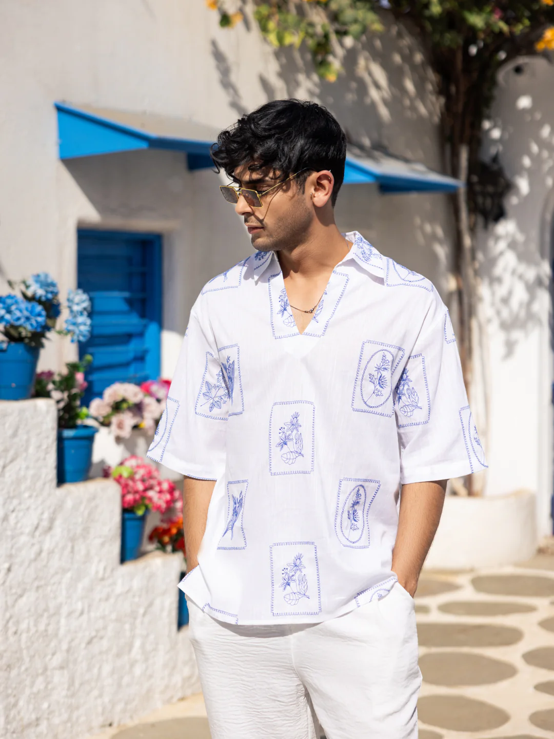 Blue Florèal Frame Embroidery Oversized Polo Shirt - Image 5
